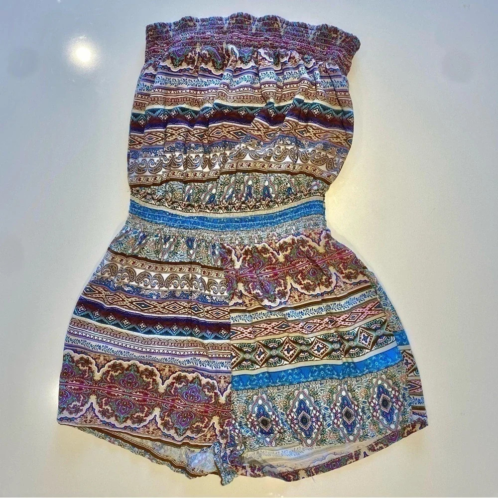 Strapeless boho short romper / multi / XL